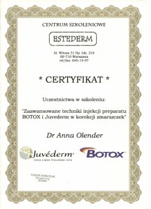 techniki iniekcji botoxu - zaświadczenie o ukończeniu kursu dla Dr Olender